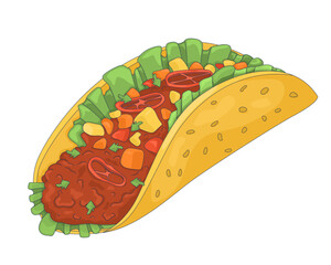 Spicy taco with ground meat and fresh vegetables 2D cartoon object. Mexican food. Fiesta meal. Corn tortilla with seasoned beef isolated element flat vector clip art on white. Spot illustration