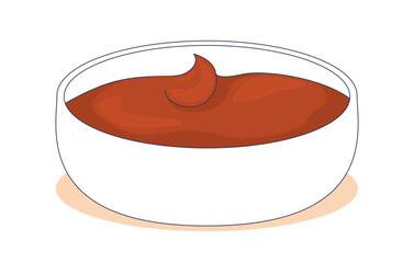 Red dipping sauce in white bowl 2D cartoon object. Tomato dip. Ketchup catsup. Savory condiment. Spicy flavor. Food container isolated element flat vector clip art on white. Spot illustration