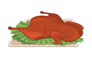 Roasted whole chicken on lettuce garnish atop serving tray 2D cartoon object. Thanksgiving food. Dinner centerpiece. Cooked poultry isolated element flat vector clip art on white. Spot illustration