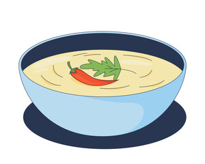 Spicy yogurt dip with chili garnish 2D cartoon object. Seasoned creamy bowl with coriander leaf. Tangy flavor. Appetizer dish isolated element flat vector clip art on white. Spot illustration