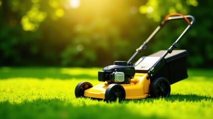 Fototapeta premium A vibrant yellow lawnmower rests on a lush green lawn, bathed in the warm glow of sunlight, ready for a summer's day of outdoor maintenance and pristine landscaping