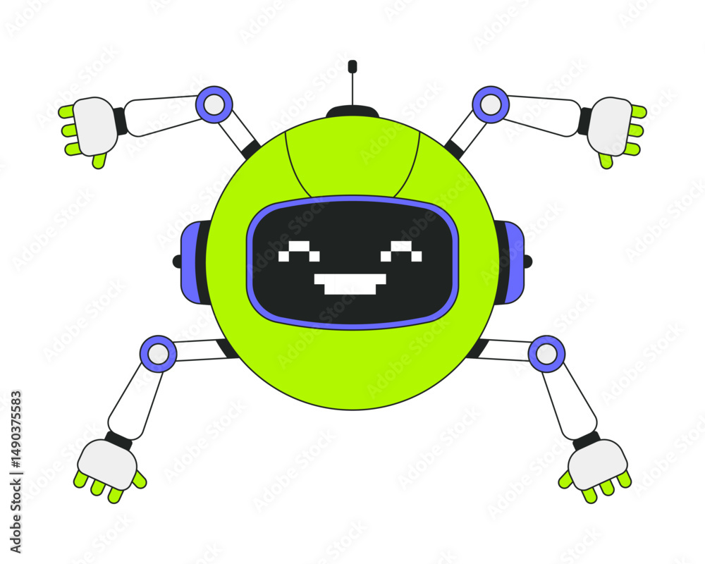Poster robotics helper with pixelated smile 2d onboarding ui illustration. round robot with multiple arms. 