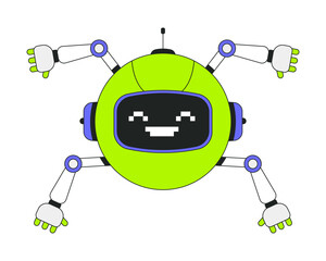 Robotics helper with pixelated smile 2D onboarding ui illustration. Round robot with multiple arms. Mascot technology. Friendly AI cartoon concept isolated on white. Flat abstract vector metaphor