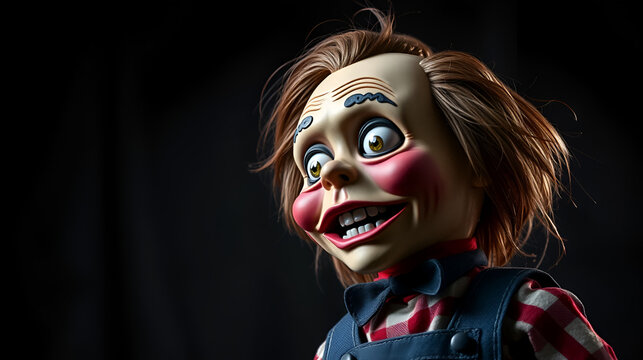 Creepy ventriloquist dummy coming, with copy space