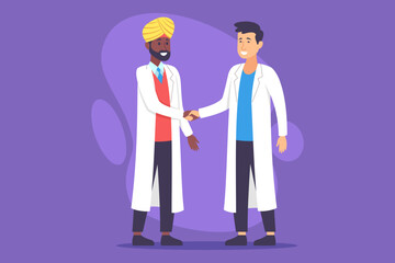 Two doctors wearing lab coats shaking hands happily. One wearing turban, while other wearing casual shirt beneath his coat. Collaboration in medicine concept