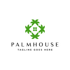 palm tree house logo vector icon illustration, palm tree real estate logo design