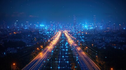 Fototapeta premium Futuristic Cityscape at Night: Smart City Highway