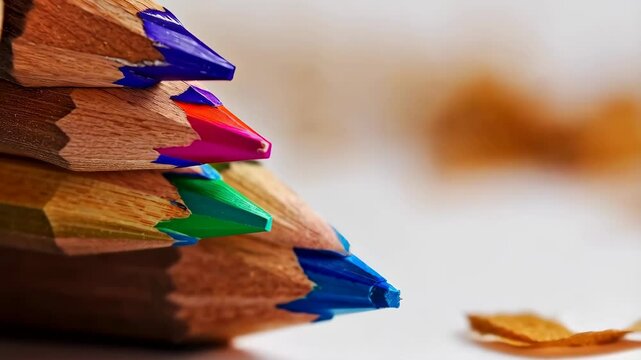 Close-up of stacked colorful wooden pencils with sharp points and pencil shavings scattered on a white surface, education