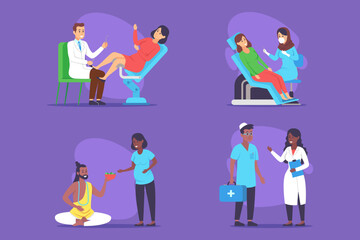 Obraz premium Various medical situations with healthcare professionals assisting patients in different environments