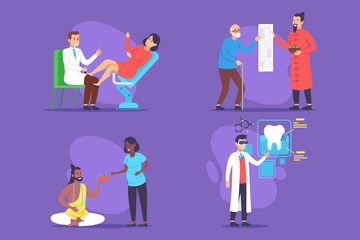 Obraz premium Collection of various medical practices, featuring doctor examining patient, traditional healer, and dentist showing care. Health professions and treatments concept