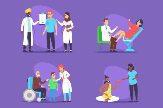 Healthcare providers interacting with patients in various settings, showcasing range of medical services and importance of compassion in treatment and care