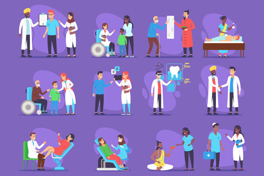 Illustrations showcase a diverse range of medical professionals engaged in different activities, including patient assistance, examinations, and dental care in various healthcare environments.