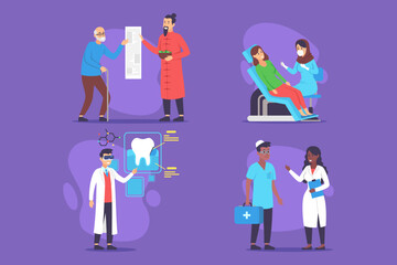 Various medical scenarios of interactions between healthcare providers and patients. Concept of importance of care and communication in medicine