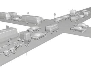 A low-poly 3D street scene features various vehicles including cars, vans, and trucks at an urban intersection, emphasizing geometric forms and simplified traffic dynamics.