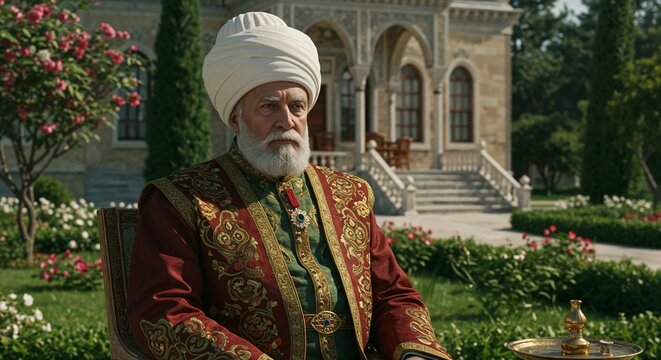 Elderly man in traditional Ottoman attire sitting in a garden during daytime - Concept of travel