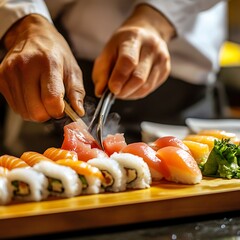 Sushi Master's Touch: A skilled sushi chef meticulously crafts a vibrant assortment of sushi rolls and nigiri on a wooden board.