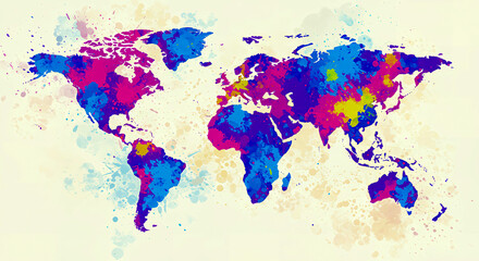 Fototapeta premium Colorful world map illustration with abstract watercolor style for geography and global themes, Generative AI