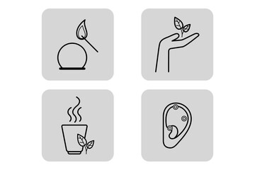 Set of icons illustrating health-related themes, including leaf, hand nurturing plant, steaming cup, and ear with points. Wellness and nature concept
