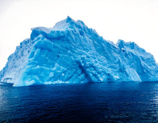 Stunning glacial iceberg, vibrant blue hues against a deep ocean.  A powerful image representing natures raw beauty, climate change, or the fragility of our planet.