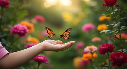 Two Monarch Butterflies Landing on a Child's Hand in a Vibrant Flower Garden