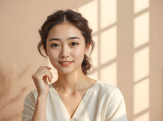 "Young Asian woman with radiant skin, dressed in eco-friendly minimalist fashion, in a soft beige interior — ideal for clean beauty and sustainable style campaigns."