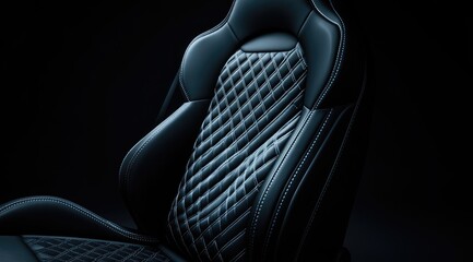 Fototapeta premium A close-up reveals a luxurious, dark-blue leather car seat with a striking diamond-patterned quilted design, subtly lit against a black backdrop.