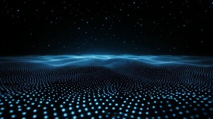 A glowing grid of blue lights forms a futuristic digital landscape beneath a star-filled night sky. - Powered by Adobe