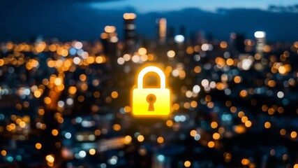 A glowing padlock icon appears over a blurred cityscape at night, symbolizing security and privacy. - Powered by Adobe