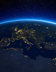 Europe at night from space. City lights illuminate countries and continents. Earth, stars, glowing horizon. Use for globalization, network concepts.