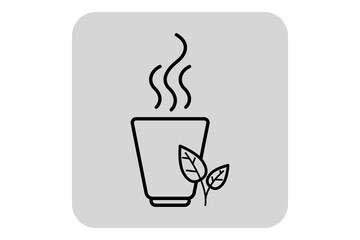 Line icon of alternative medicine, featuring cup of steaming herbal tea alongside fresh leaves. Natural healing concept