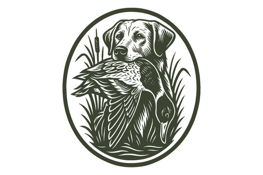 Hunting dog with duck in vintage emblem vector illustration