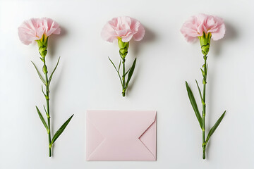 Elegant pink flowers and envelope on white background floral composition