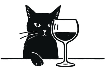 Black cat with wine glass bold silhouette vector illustration