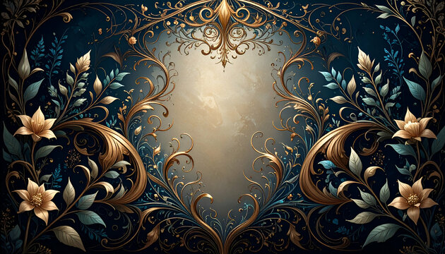 Ornate floral design with intricate details and a central empty space for text.