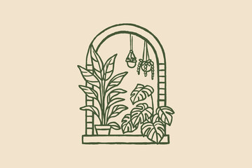 Arched window with houseplants line sketch vector illustration