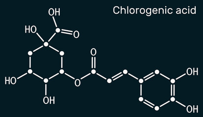 Chlorogenic acid molecule. Chemical structure of plant-based polyphenol antioxidant, dark blue background