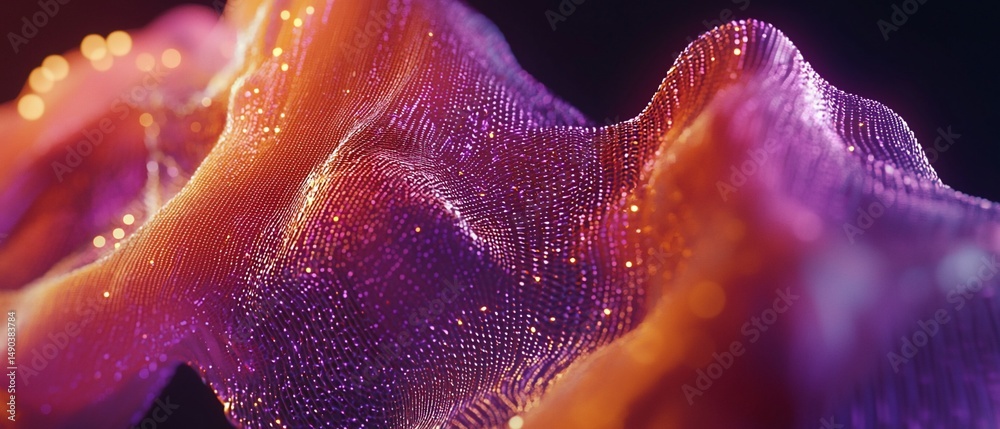 Poster abstract digital particle wave with dynamic color transition and glowing bokeh