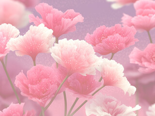 ピンクと白のカーネーション風の花々 母の日にも使える春のブーケ きらめき水彩背景