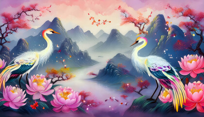 A serene landscape featuring cranes and lotus flowers amidst mountains at sunset.