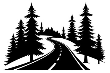Fototapeta premium highway in the wood silhouette line art vector illustration with a white background