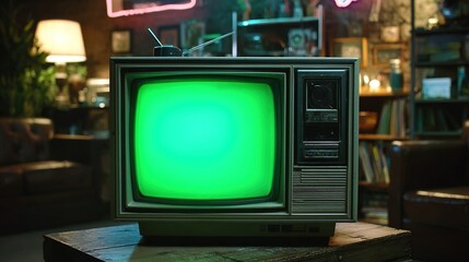 Close Up Footage of a Dated TV Set with Green Screen Mock Up Chroma Key Template Display. Nostalgic Retro Nineties Technology Concept. Vintage Television Display in Neon Lit Living Room. High quality