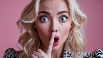 Naklejka premium Young woman making shushing gesture with surprised expression against pink background 