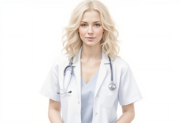 Fototapeta premium Confident female doctor smiles warmly against a clean white background, stethoscope draped around her shoulders.