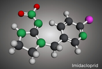 Imidacloprid molecule. Neonicotinoid insecticide used in agriculture and pest control. Molecular model. 3D rendering