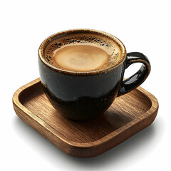 Espresso coffee in cup on wooden coaster