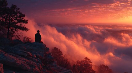 Serene Sunset Person Silhouetted on Mountaintop Above Cloudscape