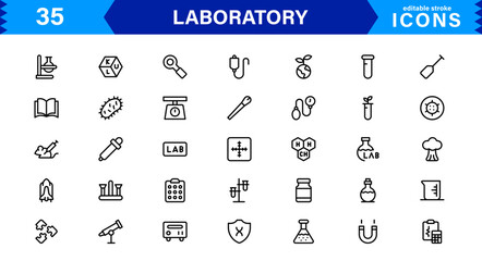 Modern Laboratory symbol set crafted for science, chemistry, and innovation. These vector icons are ideal for clean, professional visuals.