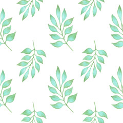 Seamless pattern with graceful turquoise leaves. Watercolor illustration. Hand drawn botanical background. Natural plant, simple branches for textile design, packaging, wallpaper, fabric, textile