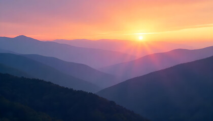 Obraz premium Misty mountain range background at dawn with layered silhouettes of peaks and a subtle gradient sky