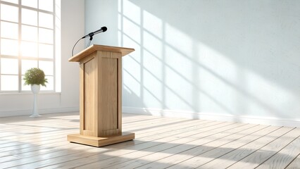 Wooden Podium with Microphone in Bright Room Sunlight